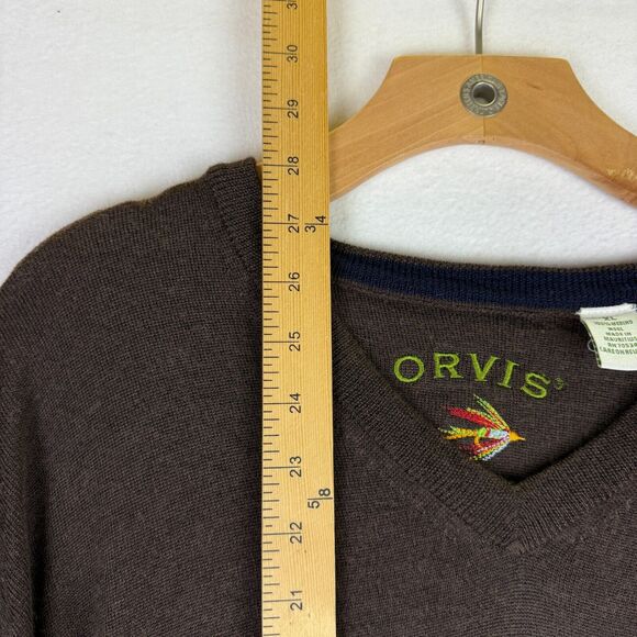 Orvis‎ Sweater Mens XL Brown 100% Merino Wool V Neck Pullover Dad Preppy Golf - Picture 2 of 6